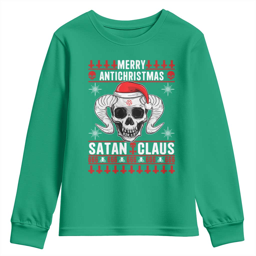 Satan Claus Skull Antichristmas Youth Sweatshirt Dark Humor Holiday 666 Skull and Horns - Wonder Print Shop