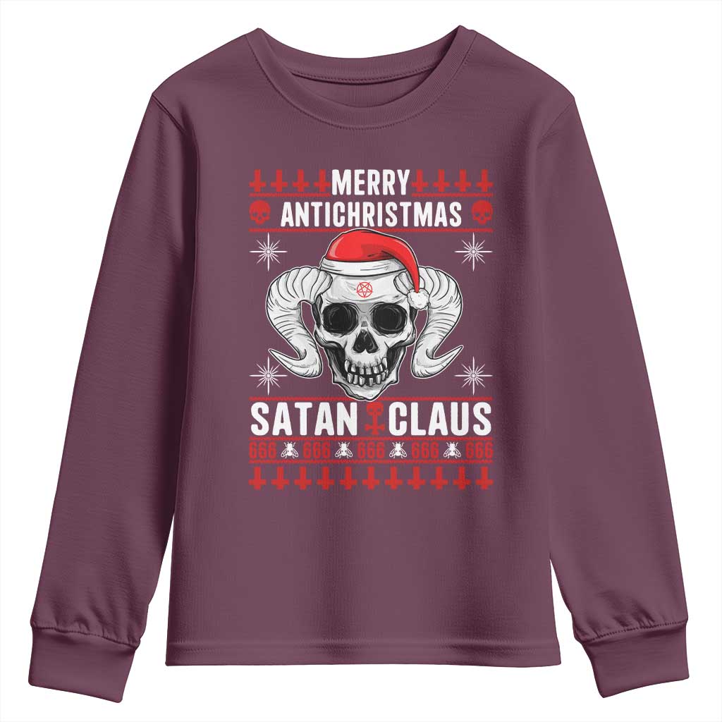Satan Claus Skull Antichristmas Youth Sweatshirt Dark Humor Holiday 666 Skull and Horns - Wonder Print Shop