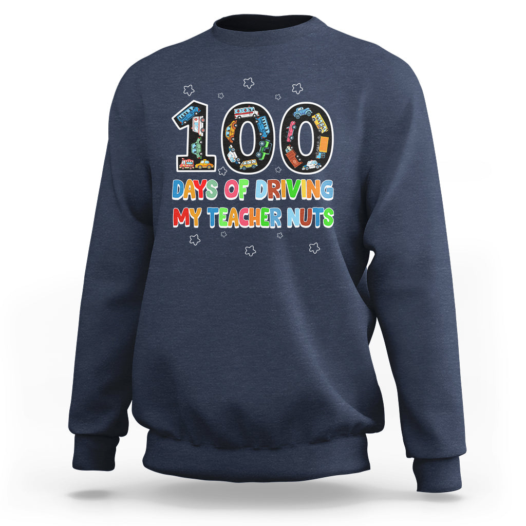100th Day of School Boys Sweatshirt 100 Days of Driving My Teacher Nuts Cars Vehicles - Wonder Print Shop