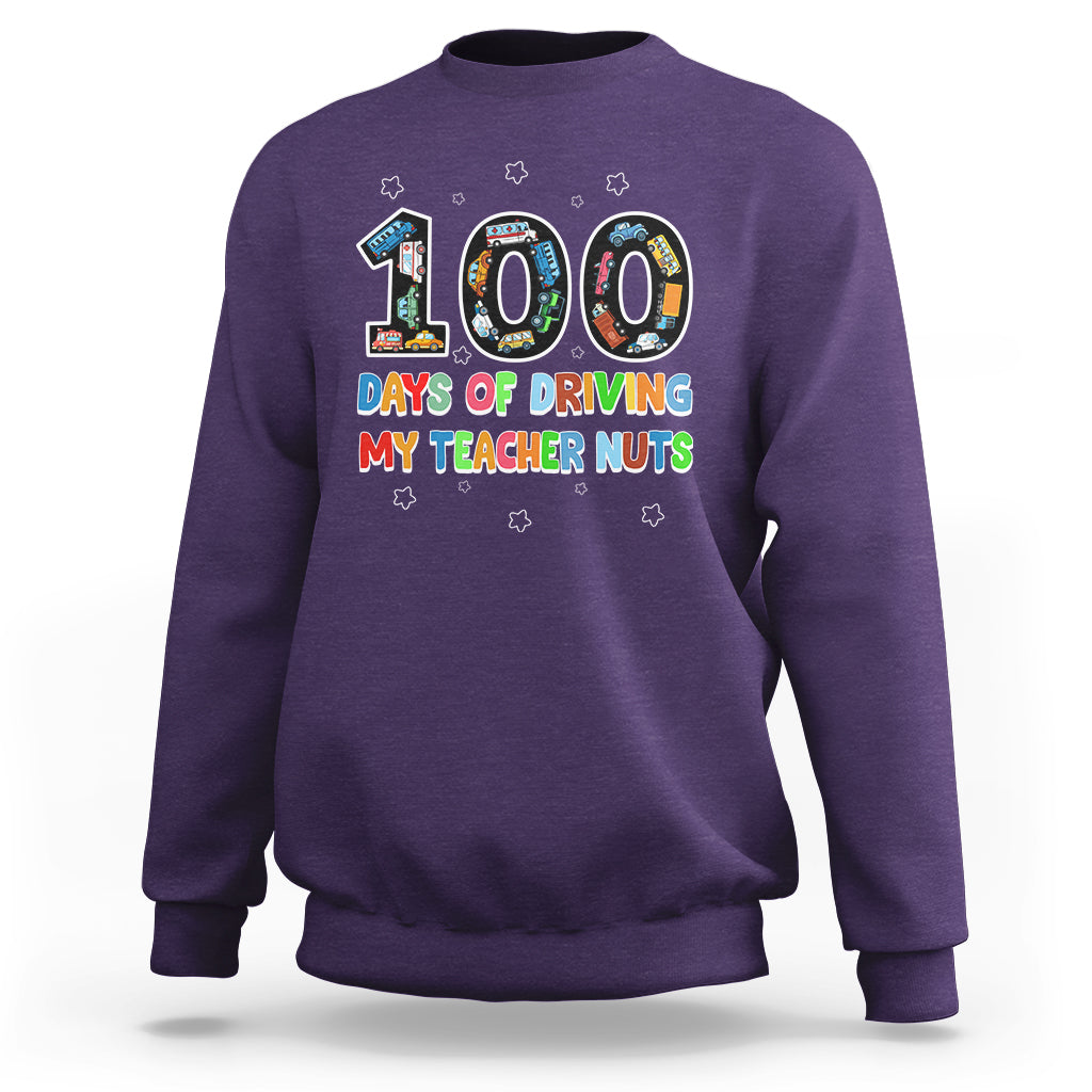 100th Day of School Boys Sweatshirt 100 Days of Driving My Teacher Nuts Cars Vehicles - Wonder Print Shop