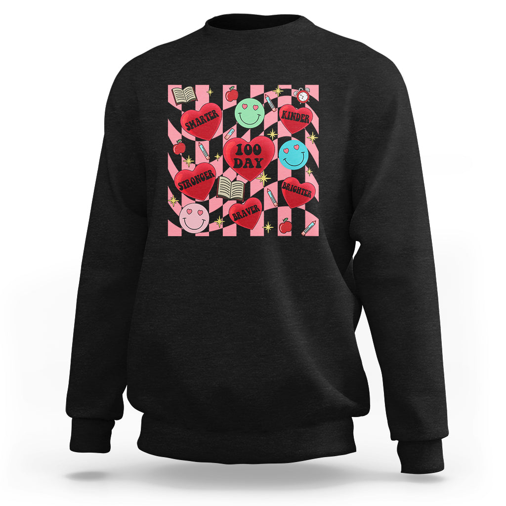 100 Days Of School Sweatshirt Smarter Kinder Stronger Brighter Retro Groovy - Wonder Print Shop