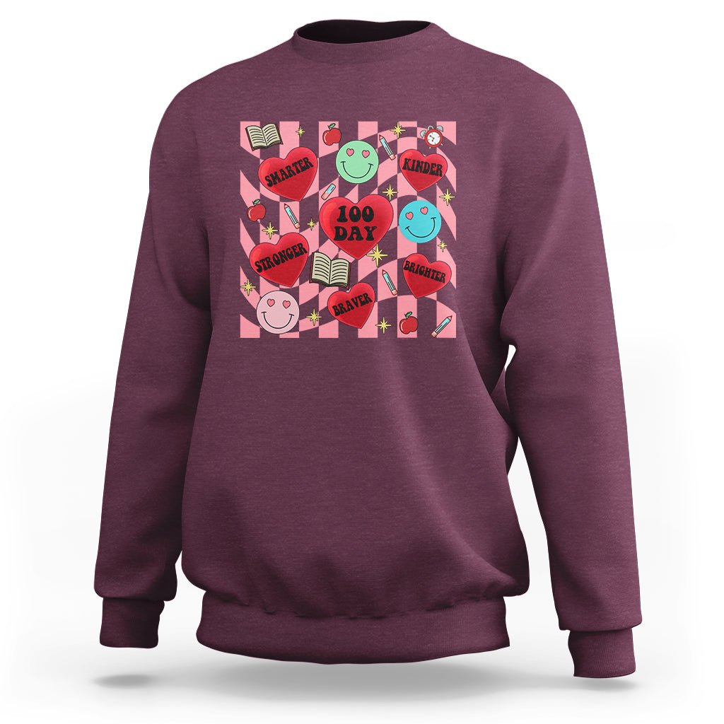 100 Days Of School Sweatshirt Smarter Kinder Stronger Brighter Retro Groovy - Wonder Print Shop