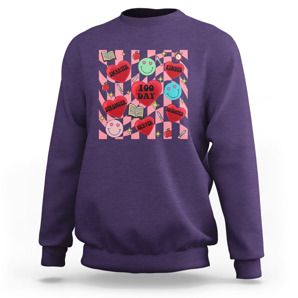100 Days Of School Sweatshirt Smarter Kinder Stronger Brighter Retro Groovy - Wonder Print Shop