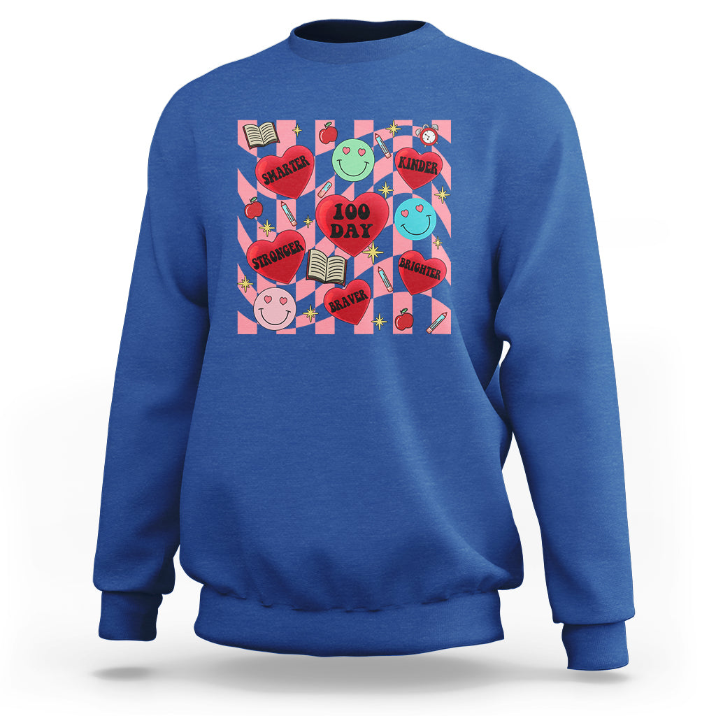 100 Days Of School Sweatshirt Smarter Kinder Stronger Brighter Retro Groovy - Wonder Print Shop