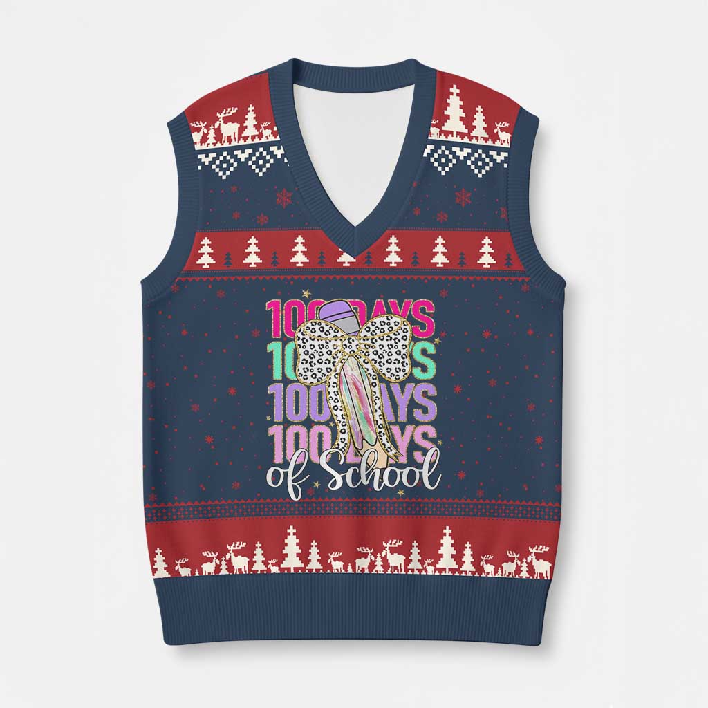 Retro Coquette 100 Days Of School V-Neck Knit Sweater Vest for Schoolgirls Teacher - Wonder Print Shop