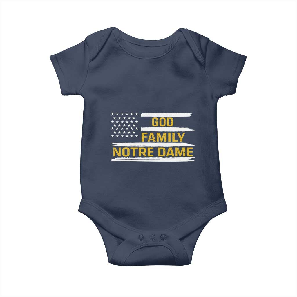 God Family Notre Dame Baby Onesie Indiana Fighting Irish Patriotic American Flag