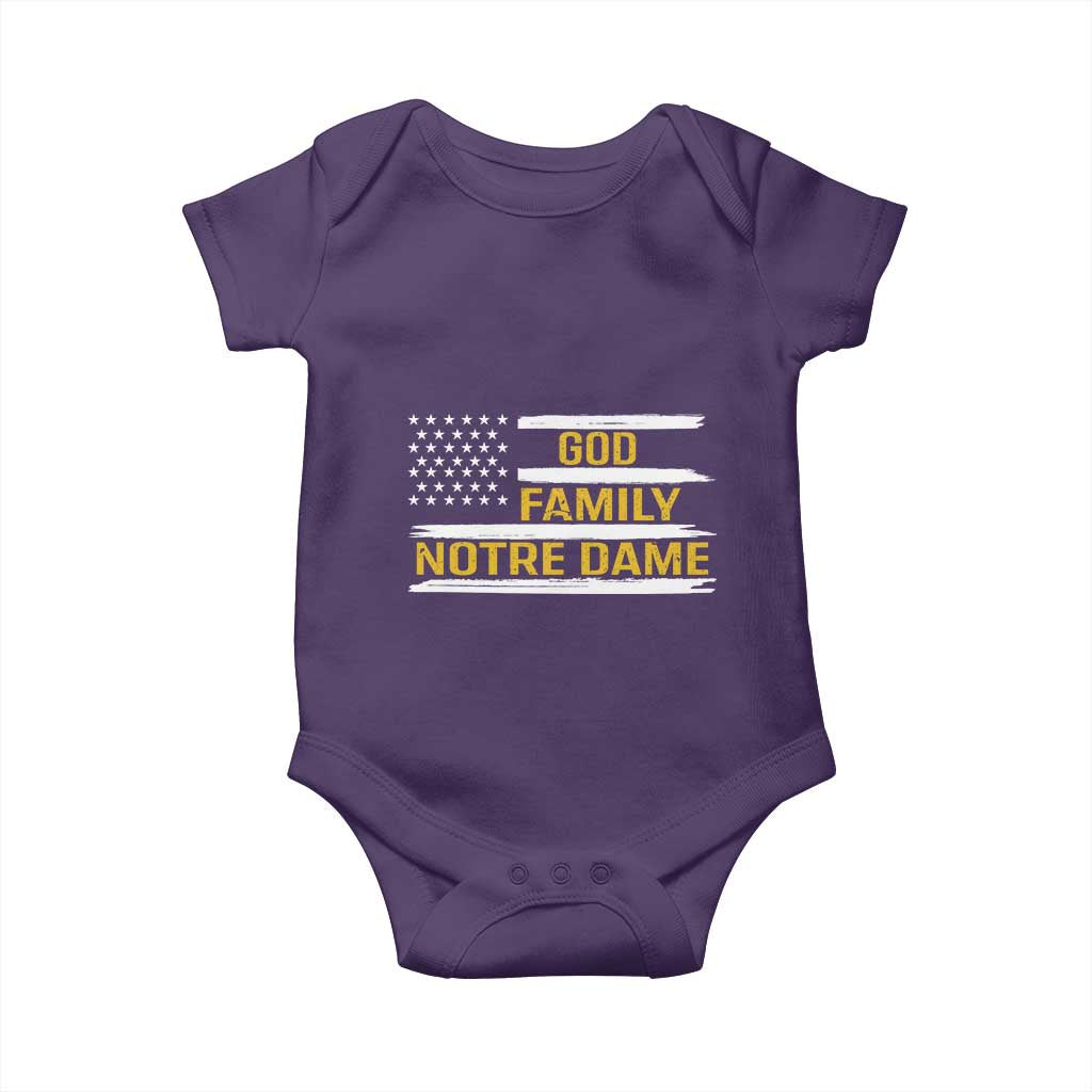 God Family Notre Dame Baby Onesie Indiana Fighting Irish Patriotic American Flag