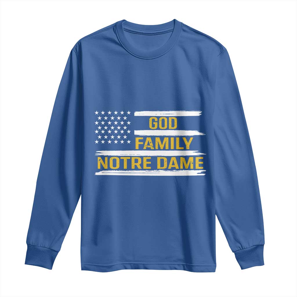 God Family Notre Dame Long Sleeve Shirt Indiana Fighting Irish Patriotic American Flag