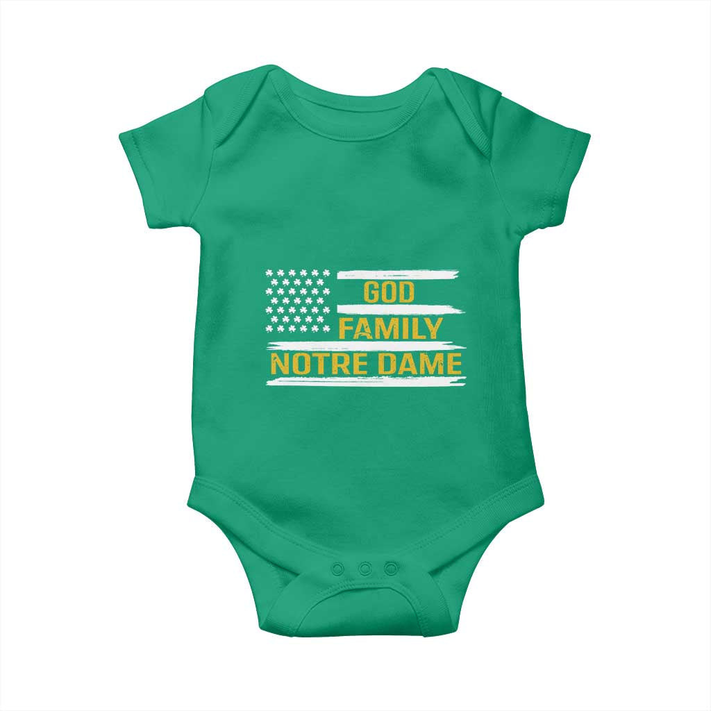 God Family Notre Dame Baby Onesie Indiana Fighting Irish Shamrock American Flag