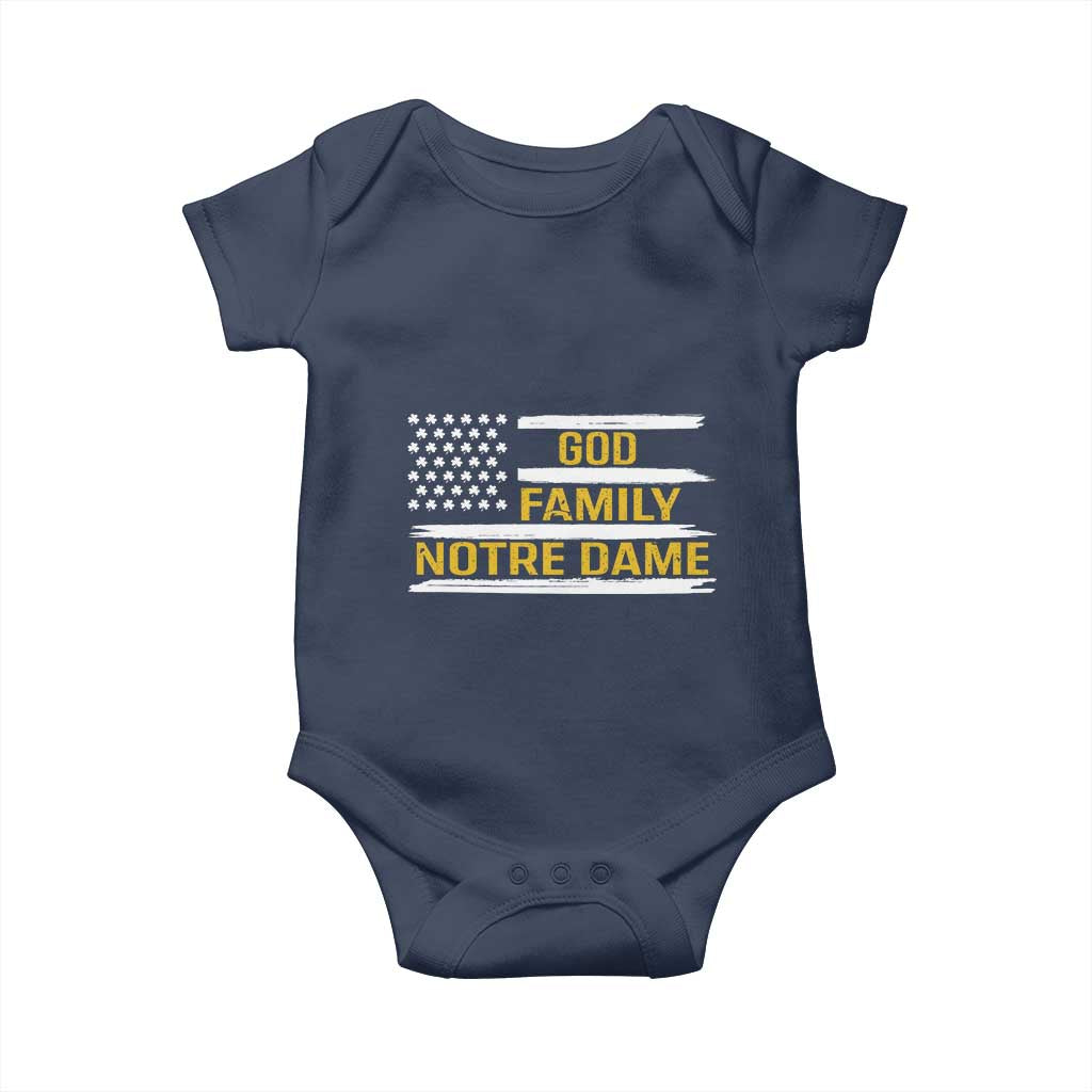 God Family Notre Dame Baby Onesie Indiana Fighting Irish Shamrock American Flag