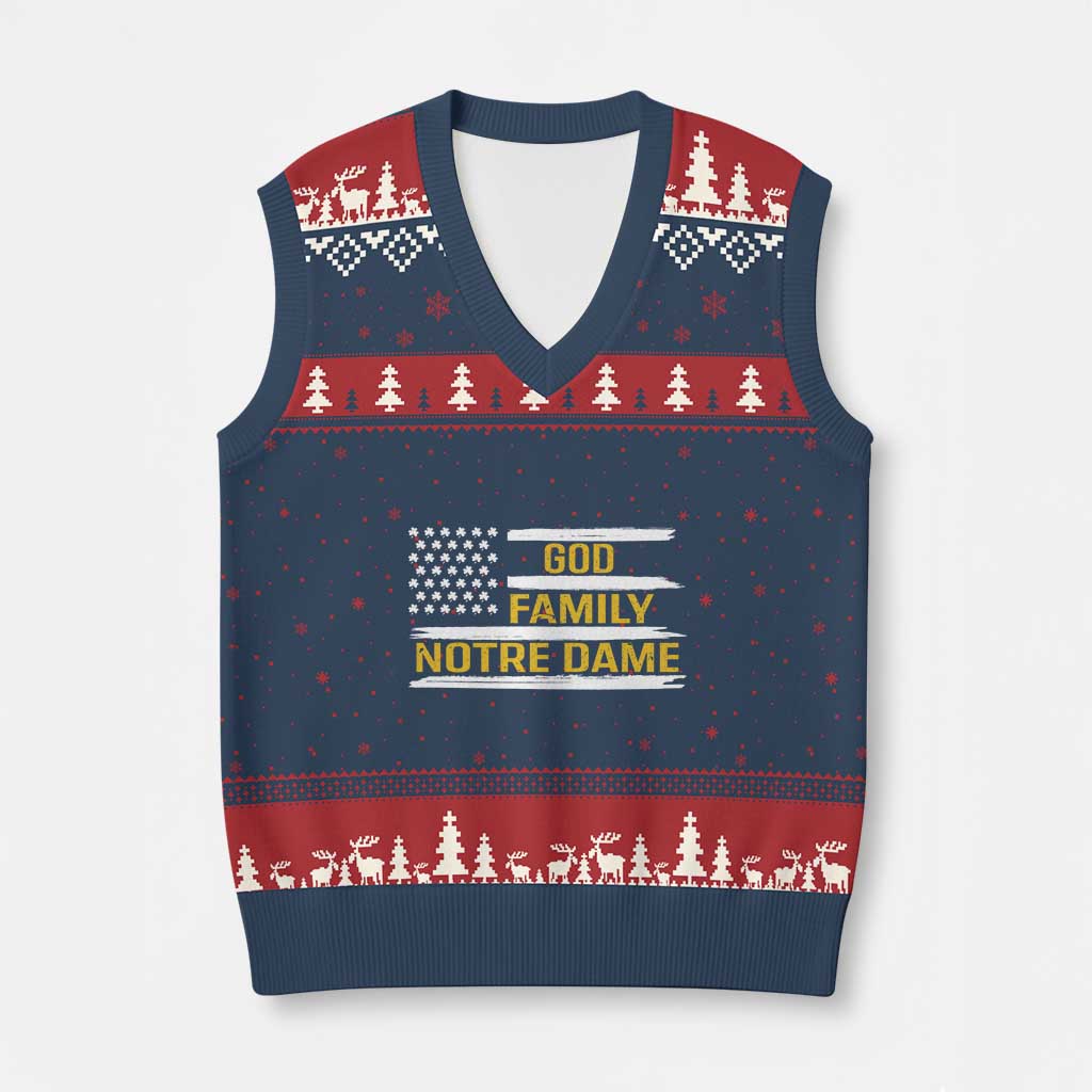 God Family Notre Dame V-Neck Knit Sweater Vest Indiana Fighting Irish Shamrock American Flag - Wonder Print Shop