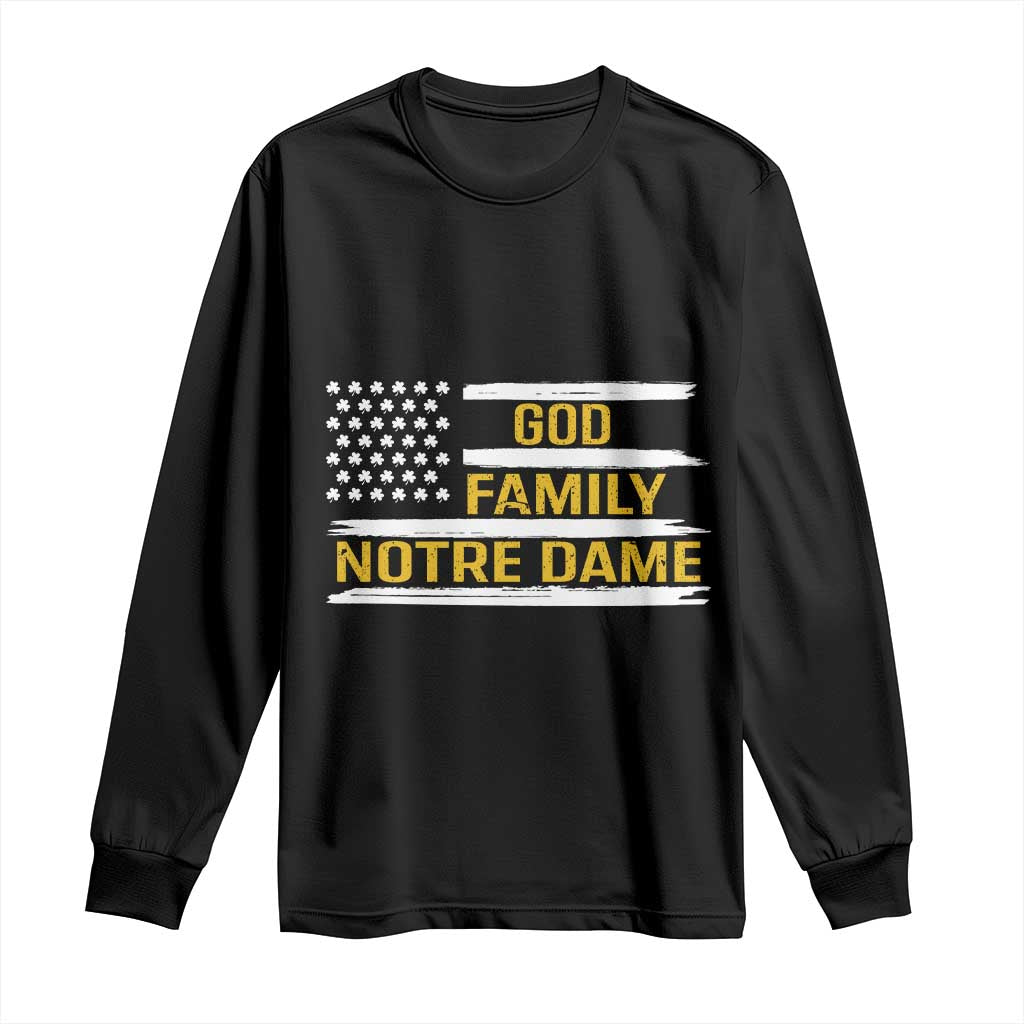 God Family Notre Dame Long Sleeve Shirt Indiana Fighting Irish Shamrock American Flag