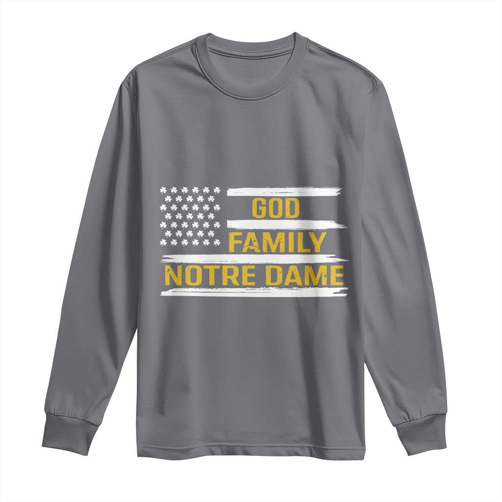 God Family Notre Dame Long Sleeve Shirt Indiana Fighting Irish Shamrock American Flag