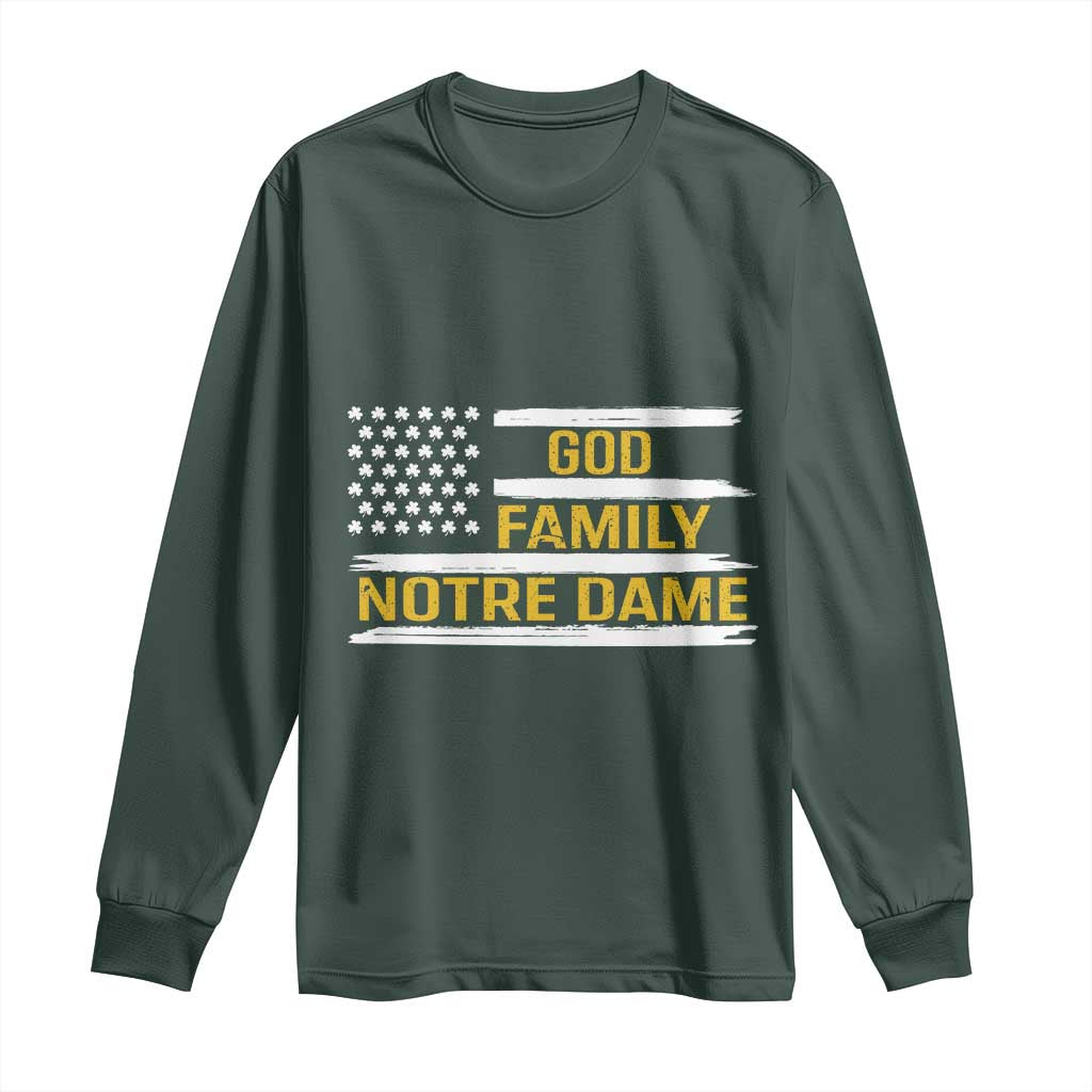 God Family Notre Dame Long Sleeve Shirt Indiana Fighting Irish Shamrock American Flag