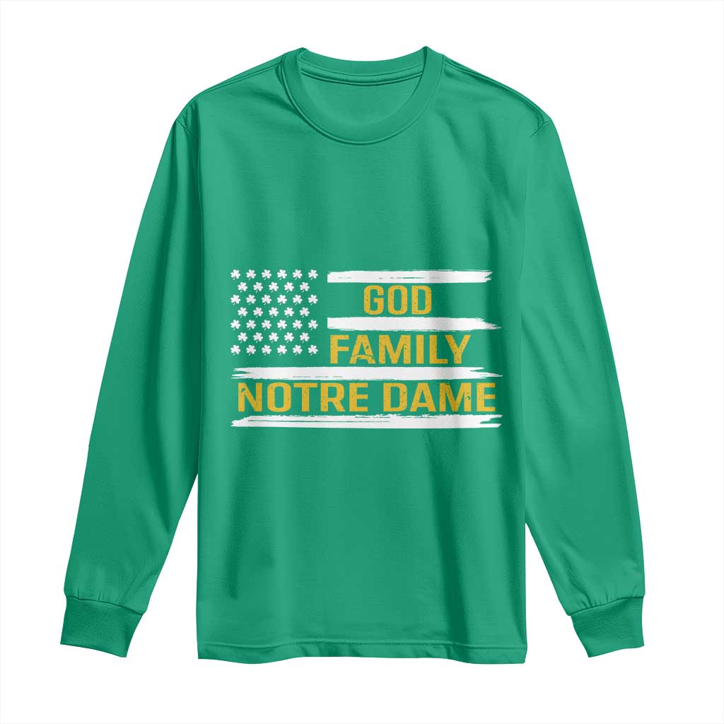 God Family Notre Dame Long Sleeve Shirt Indiana Fighting Irish Shamrock American Flag