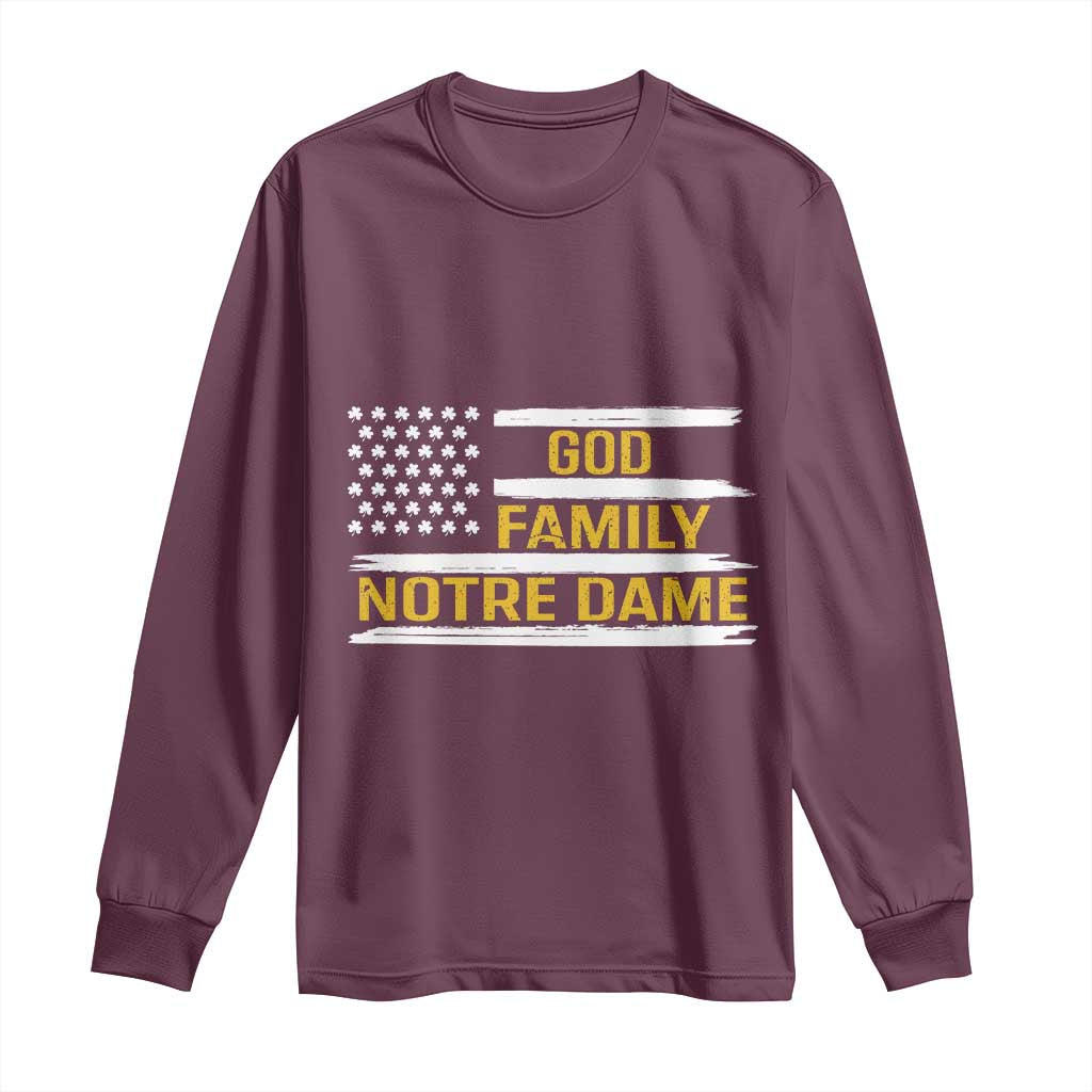 God Family Notre Dame Long Sleeve Shirt Indiana Fighting Irish Shamrock American Flag