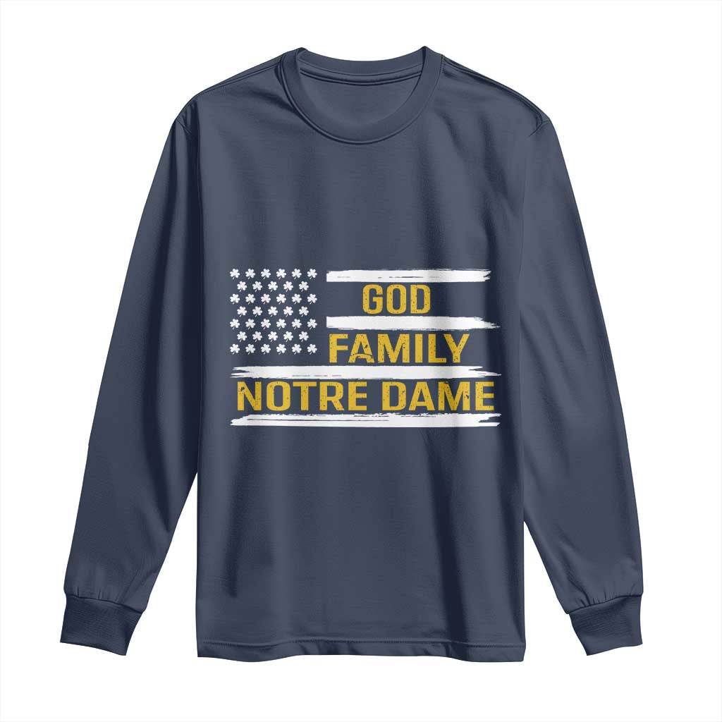 God Family Notre Dame Long Sleeve Shirt Indiana Fighting Irish Shamrock American Flag