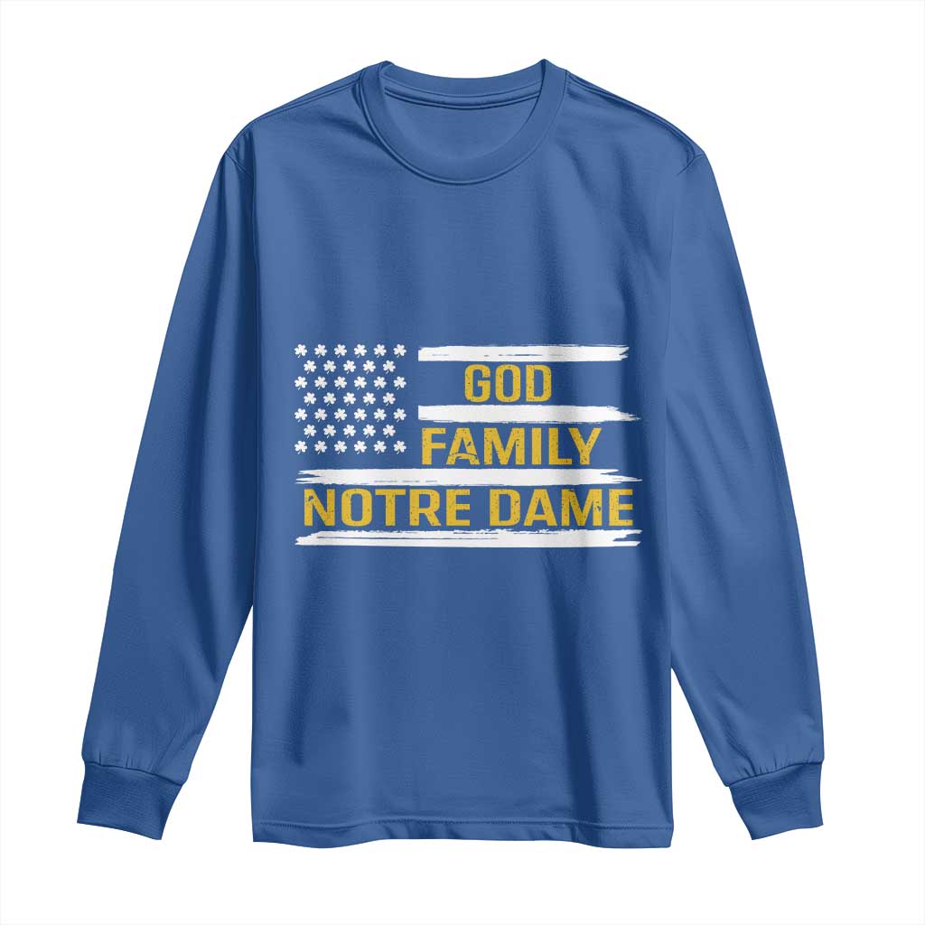 God Family Notre Dame Long Sleeve Shirt Indiana Fighting Irish Shamrock American Flag