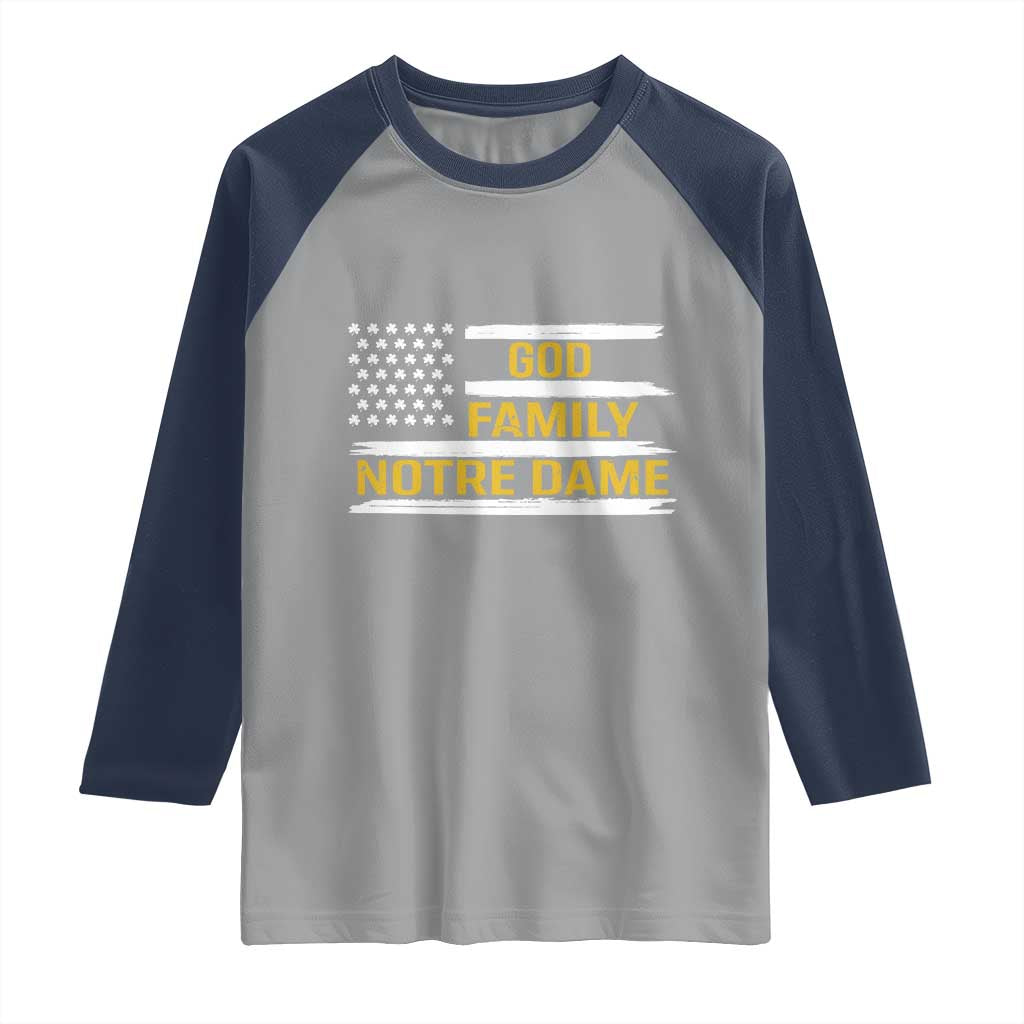 God Family Notre Dame Raglan Shirt Indiana Fighting Irish Shamrock American Flag