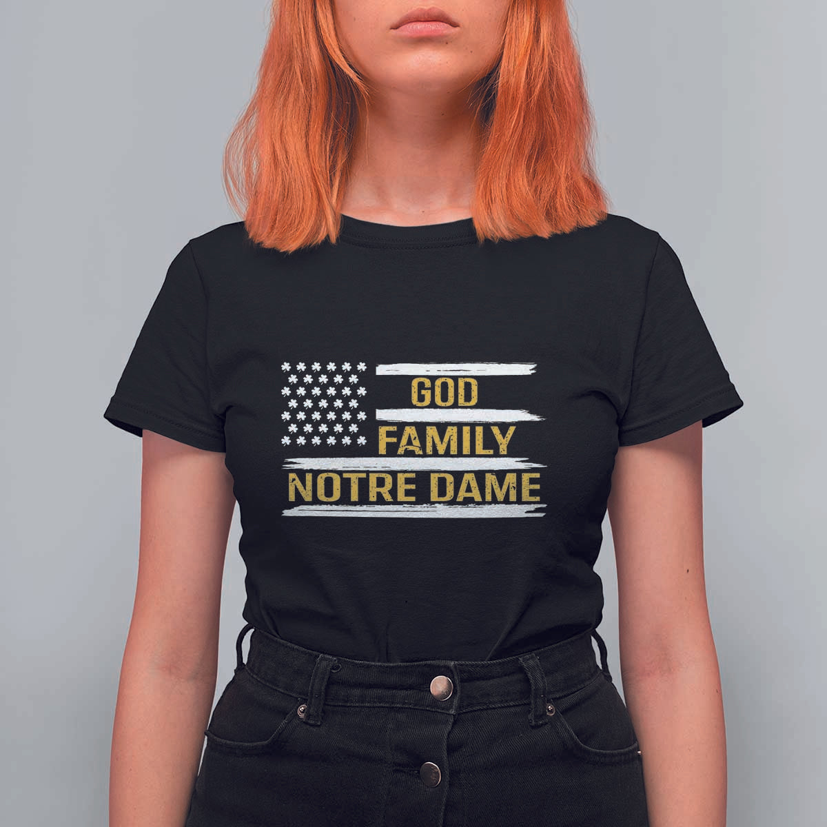 God Family Notre Dame T Shirt For Women Indiana Fighting Irish Shamrock American Flag