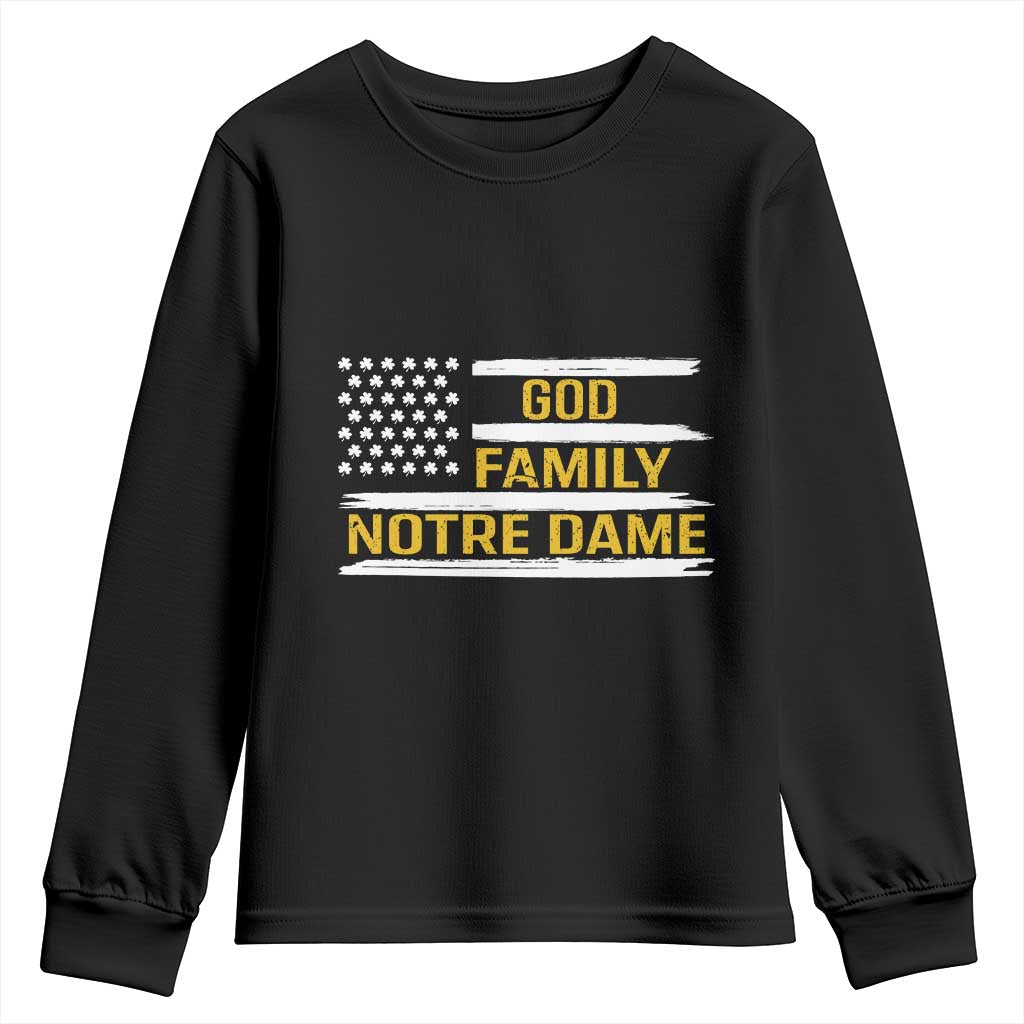 God Family Notre Dame Youth Sweatshirt Indiana Fighting Irish Shamrock American Flag
