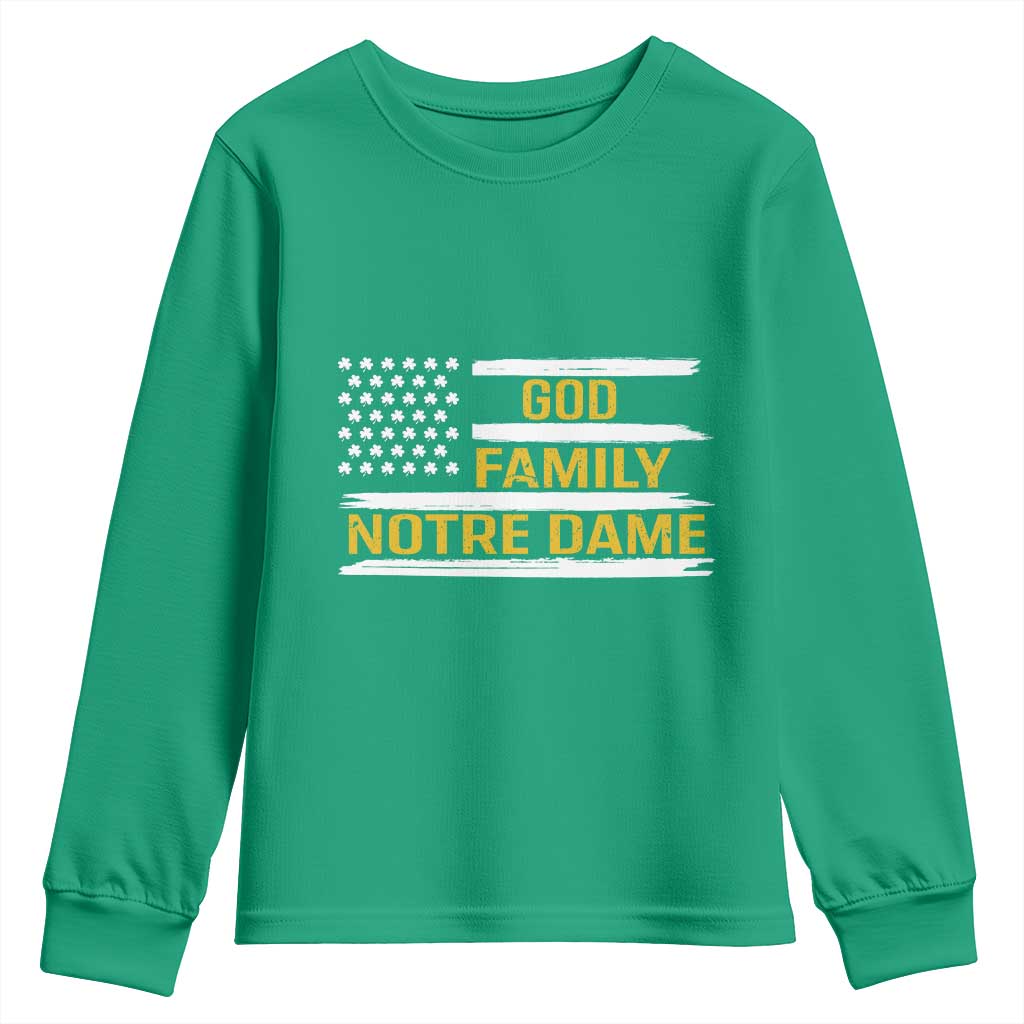 God Family Notre Dame Youth Sweatshirt Indiana Fighting Irish Shamrock American Flag