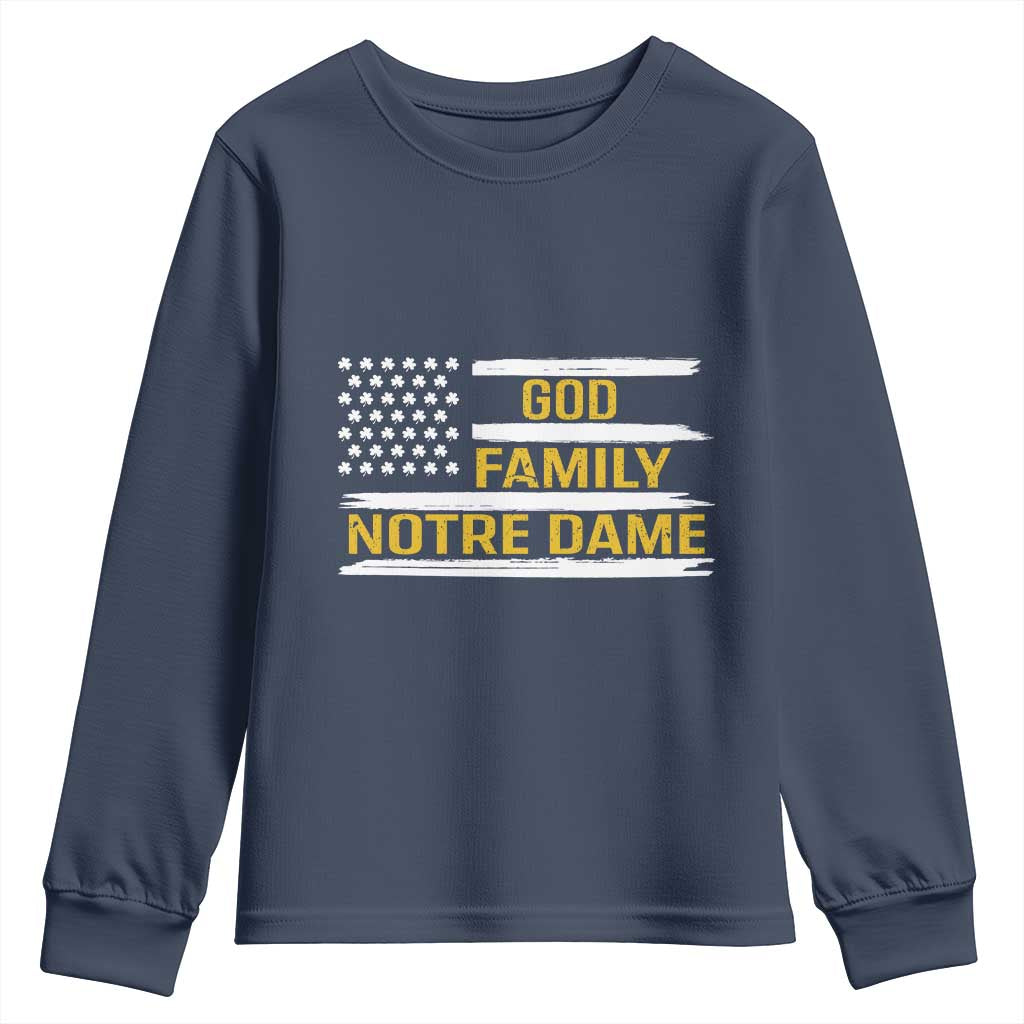 God Family Notre Dame Youth Sweatshirt Indiana Fighting Irish Shamrock American Flag