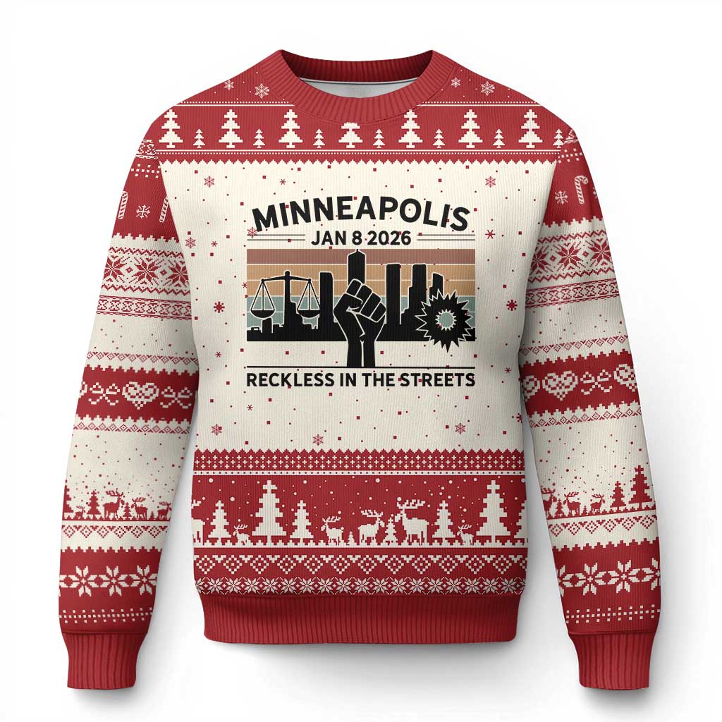 Minneapolis January 8 2026 Justice Movement Ugly Christmas Sweater Reckless in the Streets Protest - Wonder Print Shop