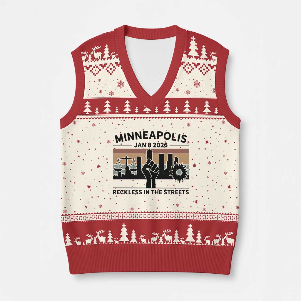 Minneapolis January 8 2026 Justice Movement V-Neck Knit Sweater Vest Reckless in the Streets Protest - Wonder Print Shop