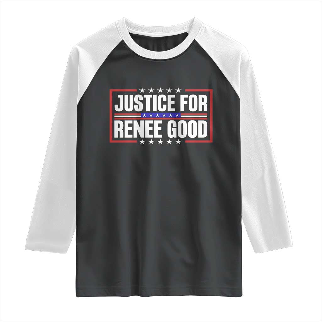 Justice for Renee Good Patriotic Raglan Shirt Minneapolis Jan 8 2026 Memorial Red White and Blue - Wonder Print Shop