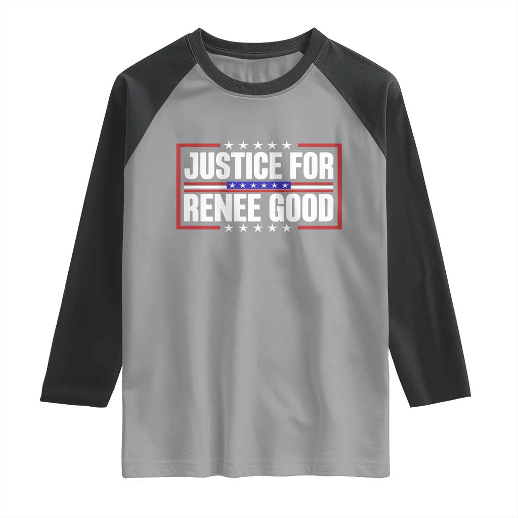 Justice for Renee Good Patriotic Raglan Shirt Minneapolis Jan 8 2026 Memorial Red White and Blue - Wonder Print Shop
