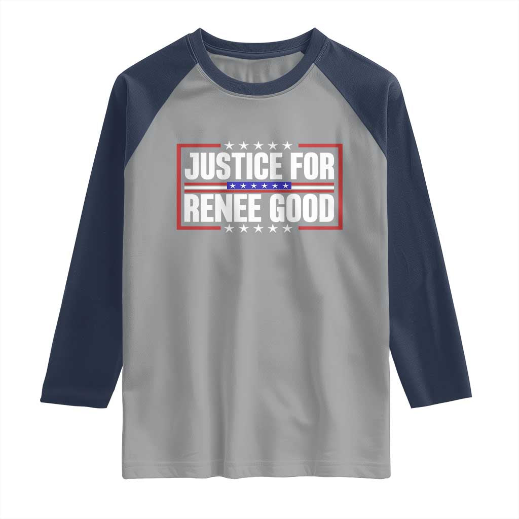 Justice for Renee Good Patriotic Raglan Shirt Minneapolis Jan 8 2026 Memorial Red White and Blue - Wonder Print Shop