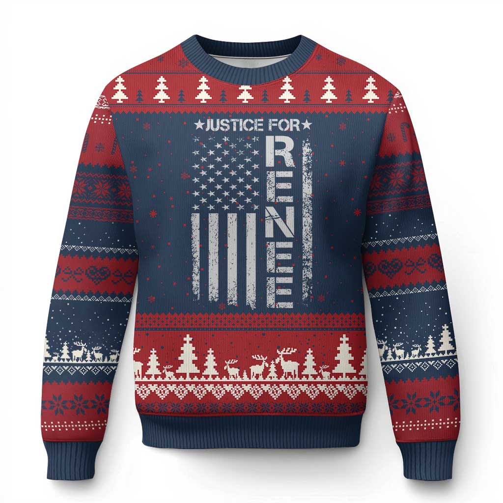 Justice for Renee American Flag Ugly Christmas Sweater Minneapolis Jan 8 2026 Memorial Tribute - Wonder Print Shop