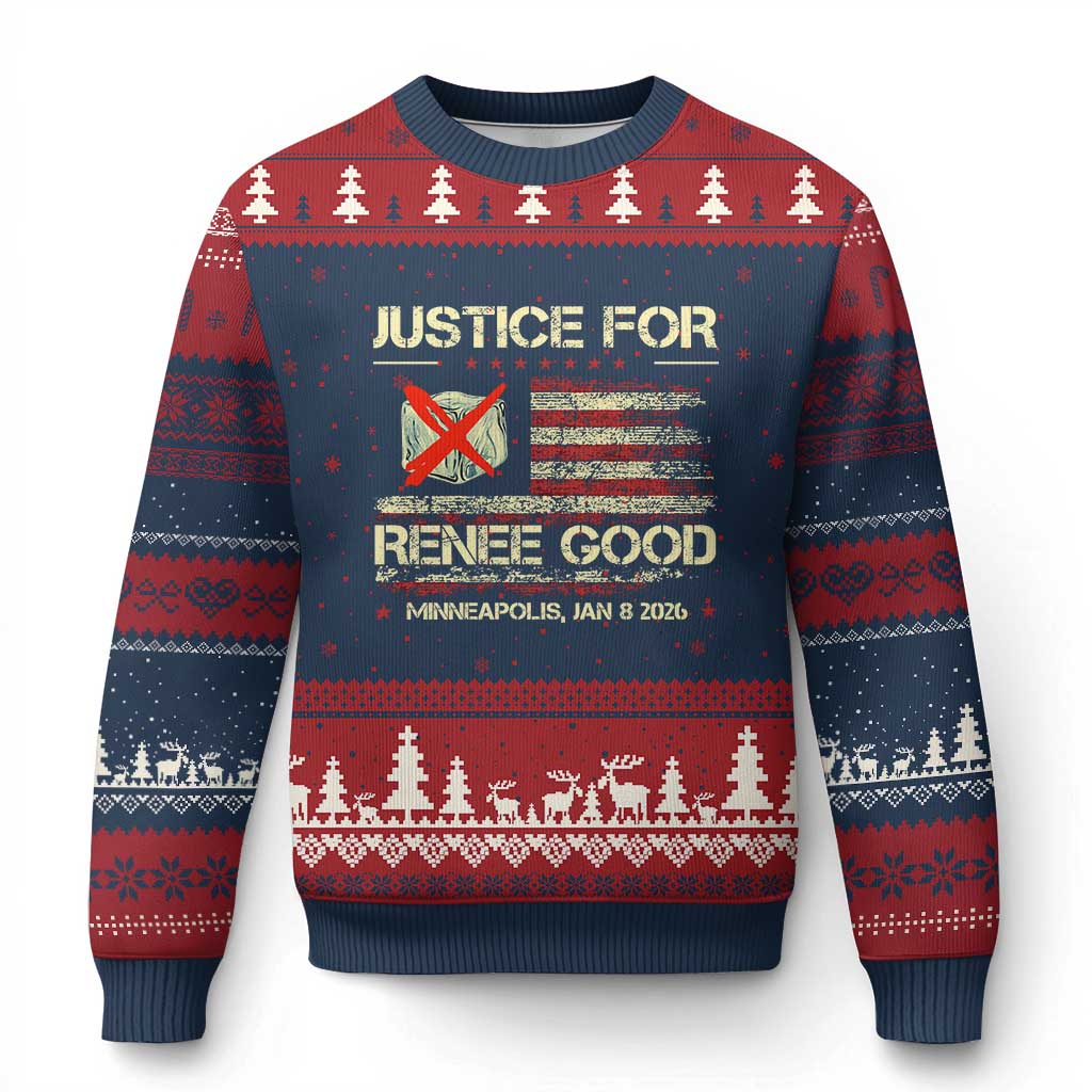 Justice for Renee Good Ugly Christmas Sweater Minneapolis Jan 8 2026 American Flag Stop Ice - Wonder Print Shop