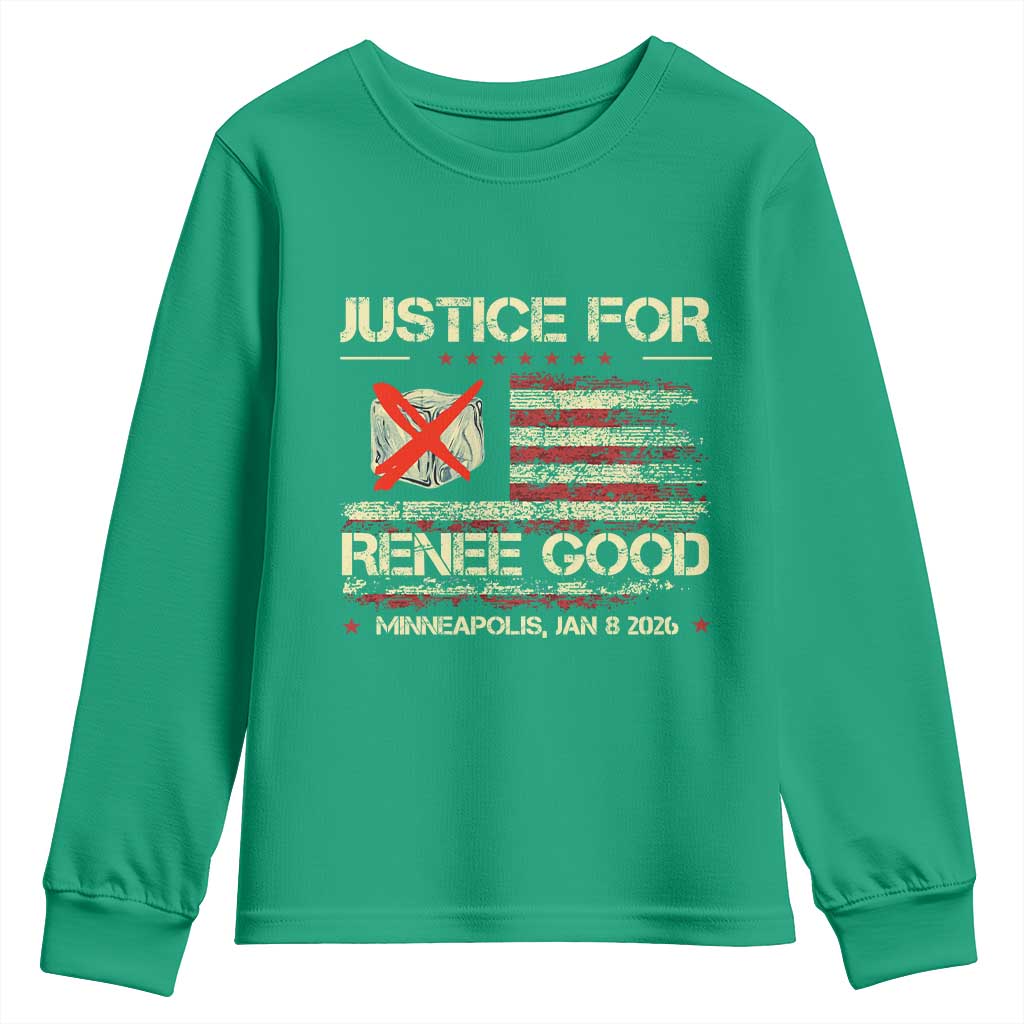 Justice for Renee Good Youth Sweatshirt Minneapolis Jan 8 2026 American Flag Stop Ice - Wonder Print Shop