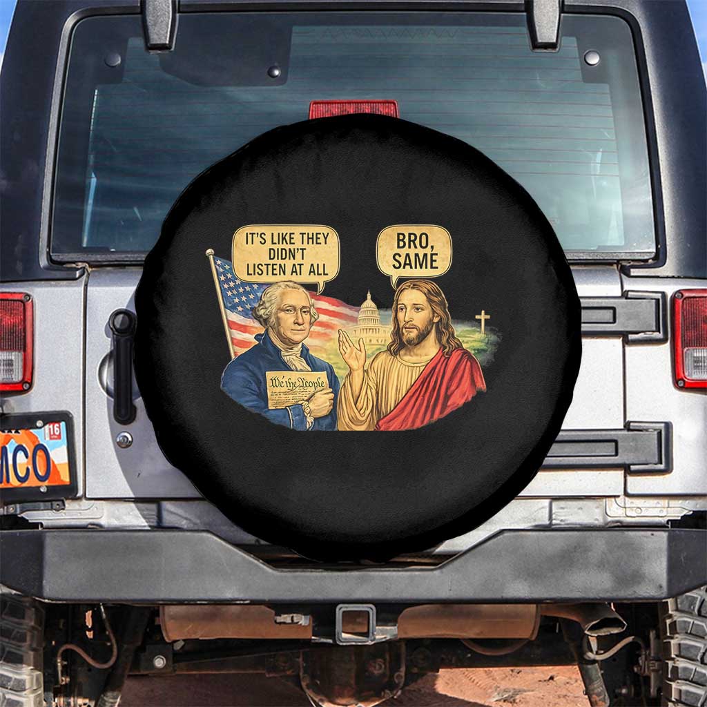 Funny George Washington and Jesus Conversation Spare Tire Cover Patriotic Commentary Historical Icons