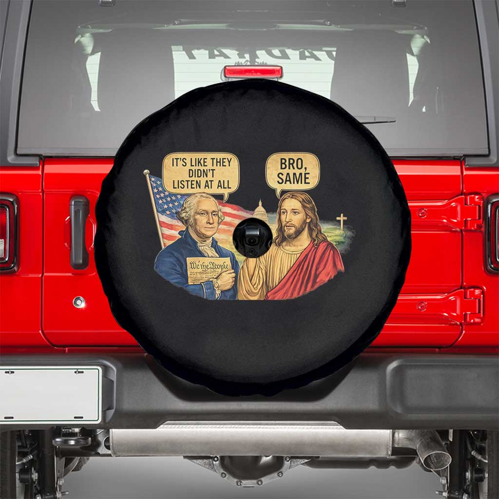 Funny George Washington and Jesus Conversation Spare Tire Cover Patriotic Commentary Historical Icons