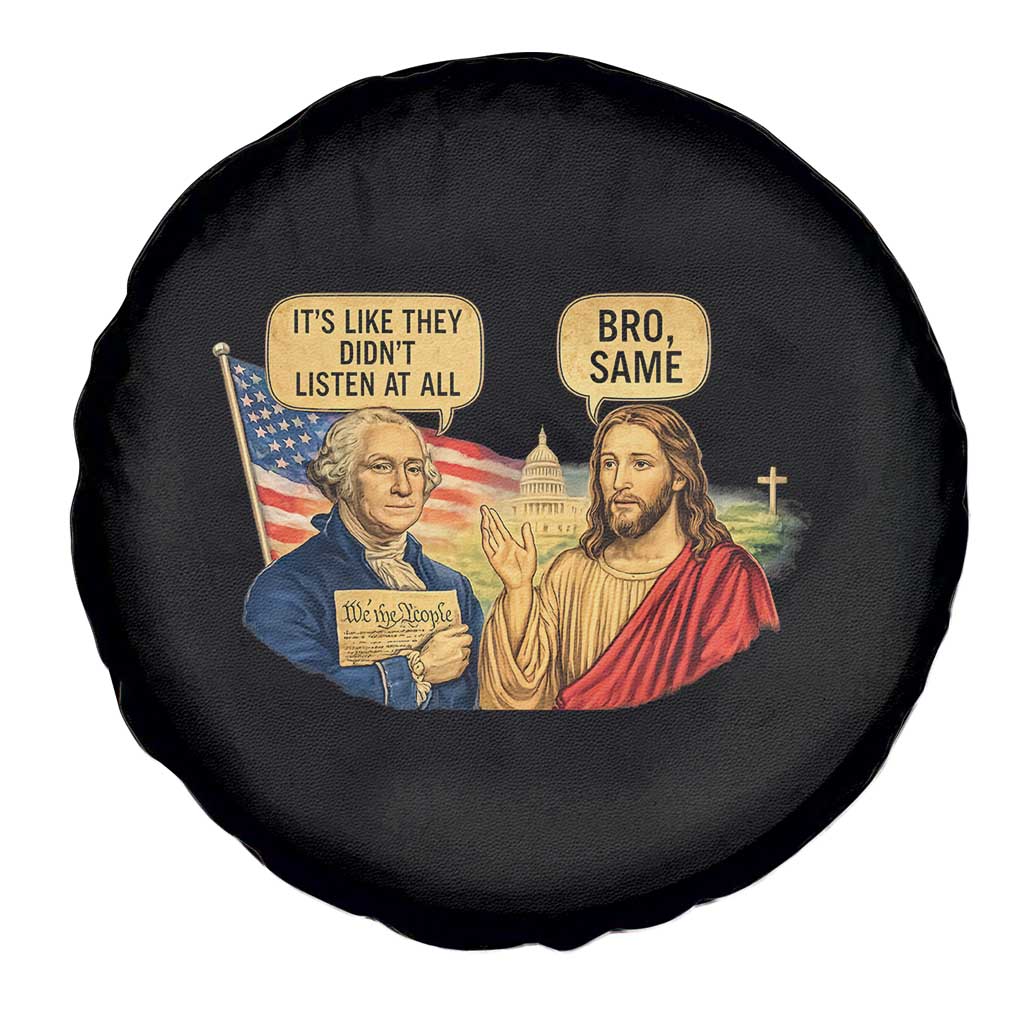 Funny George Washington and Jesus Conversation Spare Tire Cover Patriotic Commentary Historical Icons