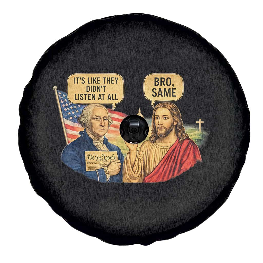 Funny George Washington and Jesus Conversation Spare Tire Cover Patriotic Commentary Historical Icons
