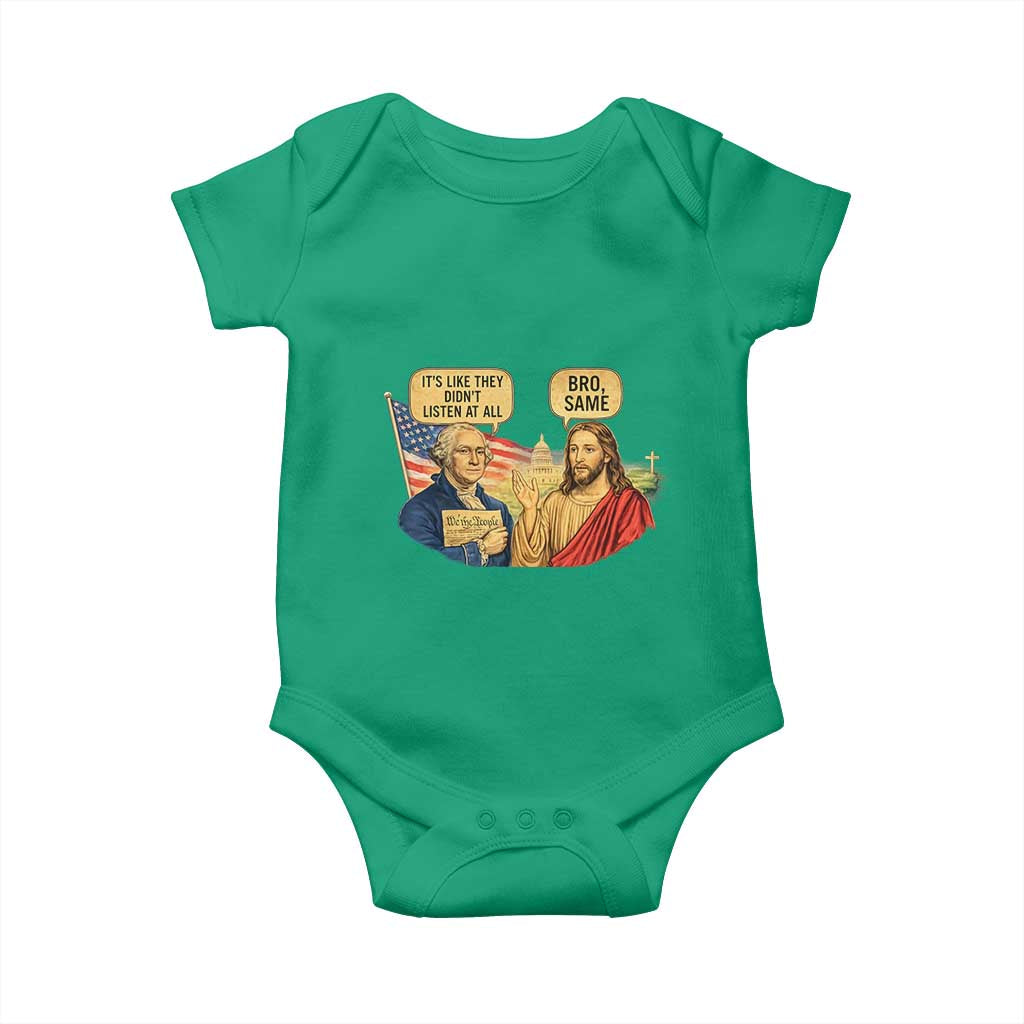 Funny George Washington and Jesus Conversation Baby Onesie Patriotic Commentary Historical Icons