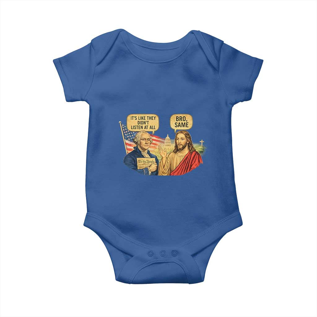 Funny George Washington and Jesus Conversation Baby Onesie Patriotic Commentary Historical Icons