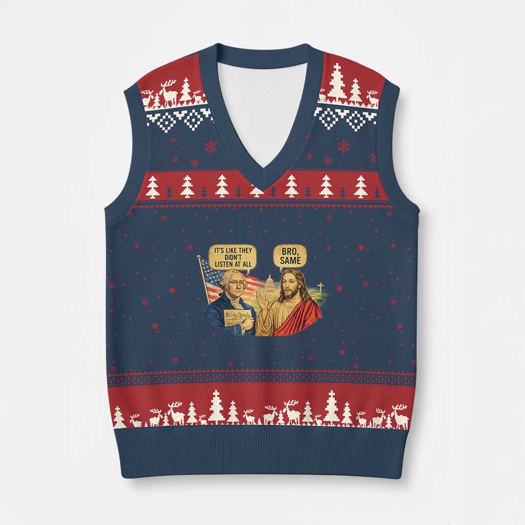 Funny George Washington and Jesus Conversation V-Neck Knit Sweater Vest Patriotic Commentary Historical Icons