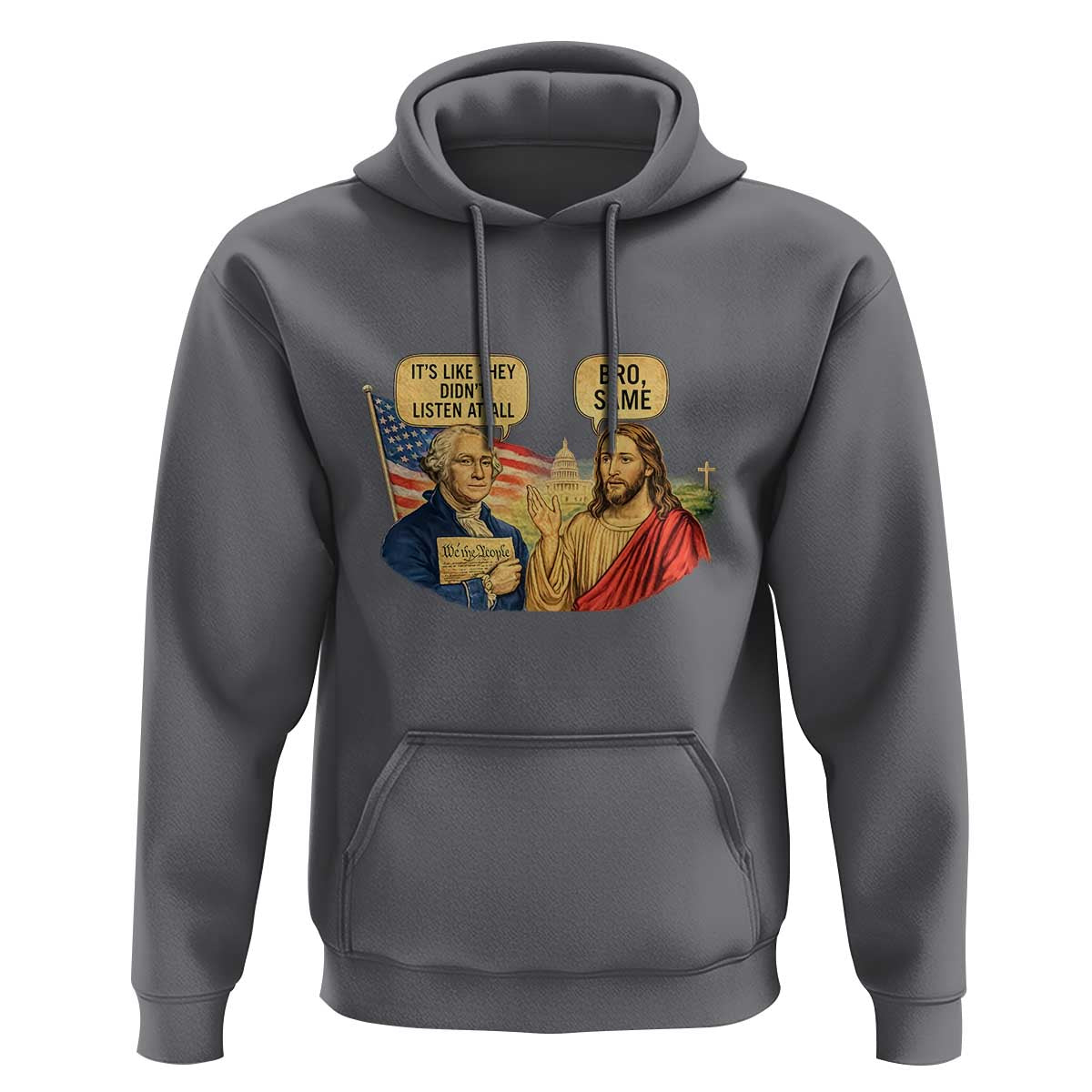 Funny George Washington and Jesus Conversation Hoodie Patriotic Commentary Historical Icons