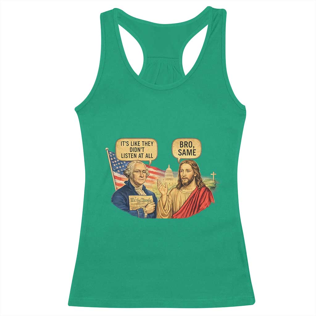 Funny George Washington and Jesus Conversation Racerback Tank Top Patriotic Commentary Historical Icons