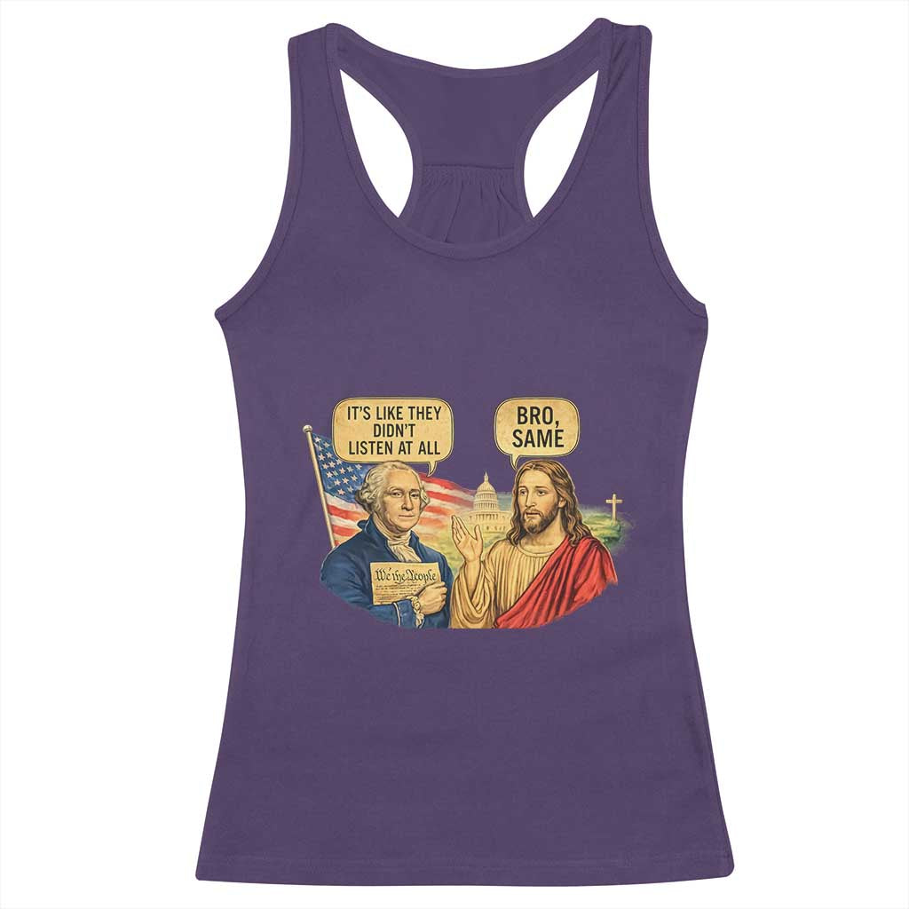 Funny George Washington and Jesus Conversation Racerback Tank Top Patriotic Commentary Historical Icons