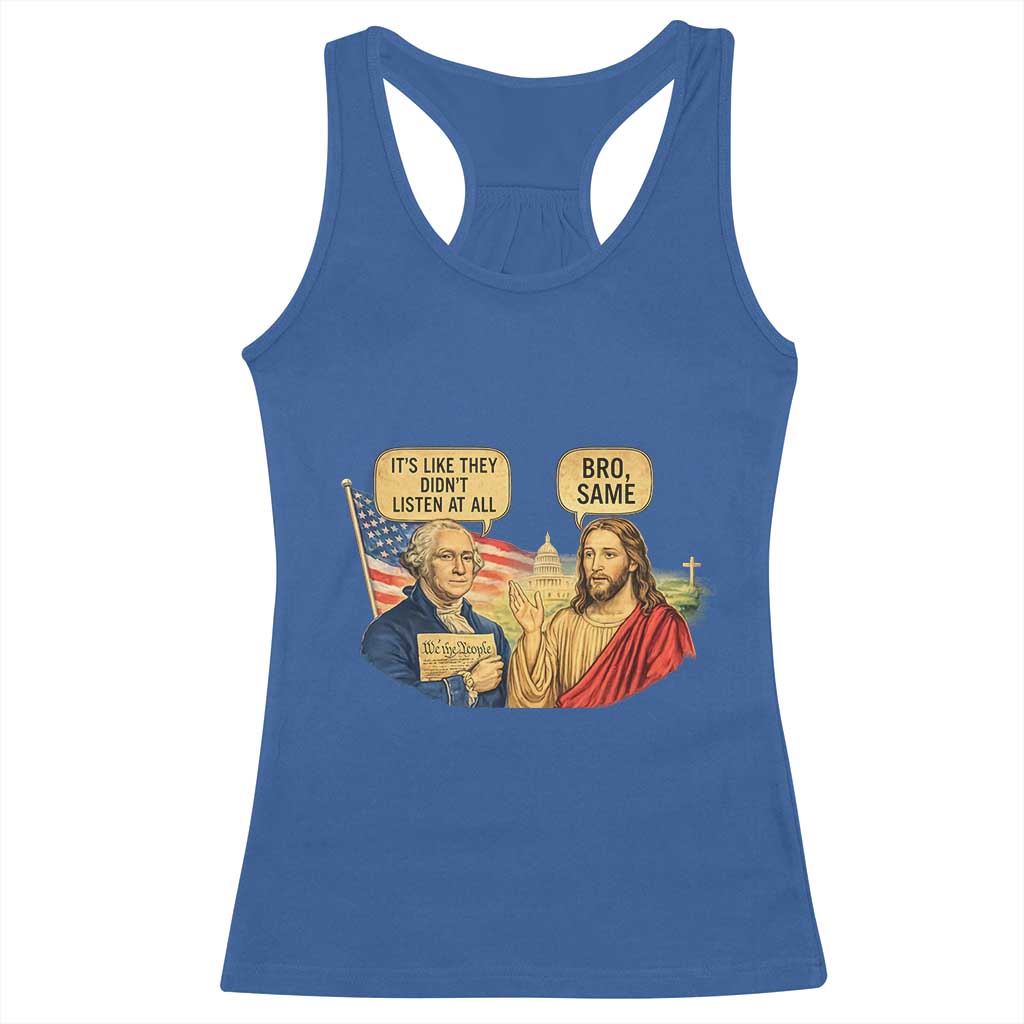Funny George Washington and Jesus Conversation Racerback Tank Top Patriotic Commentary Historical Icons