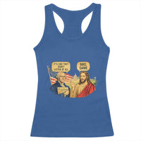 Funny George Washington and Jesus Conversation Racerback Tank Top Patriotic Commentary Historical Icons