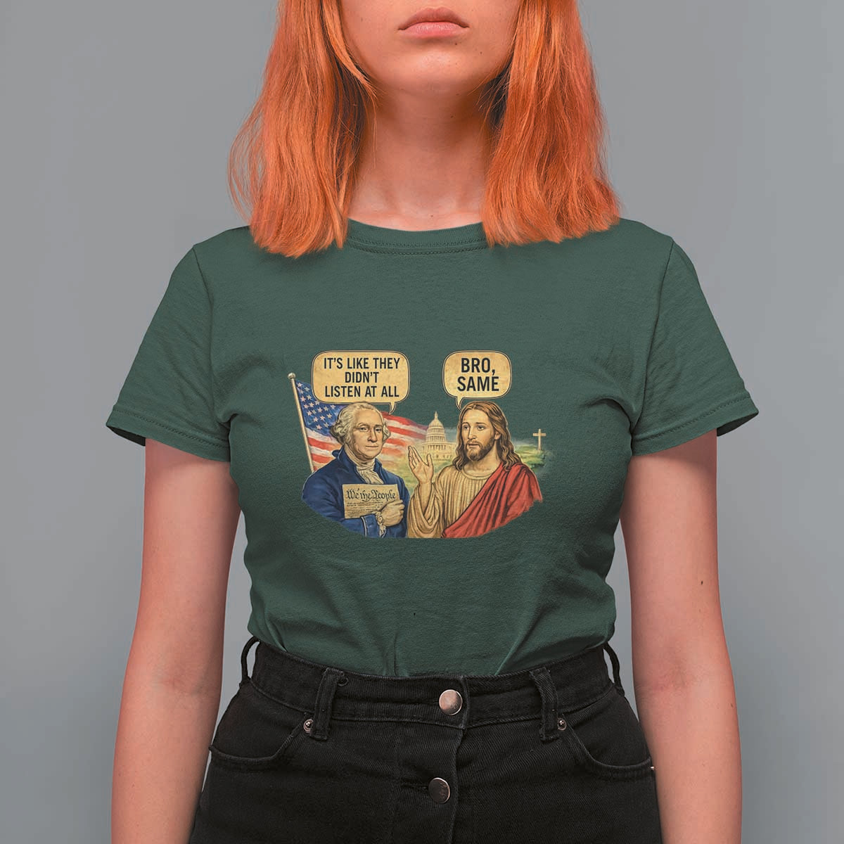 Funny George Washington and Jesus Conversation T Shirt For Women Patriotic Commentary Historical Icons