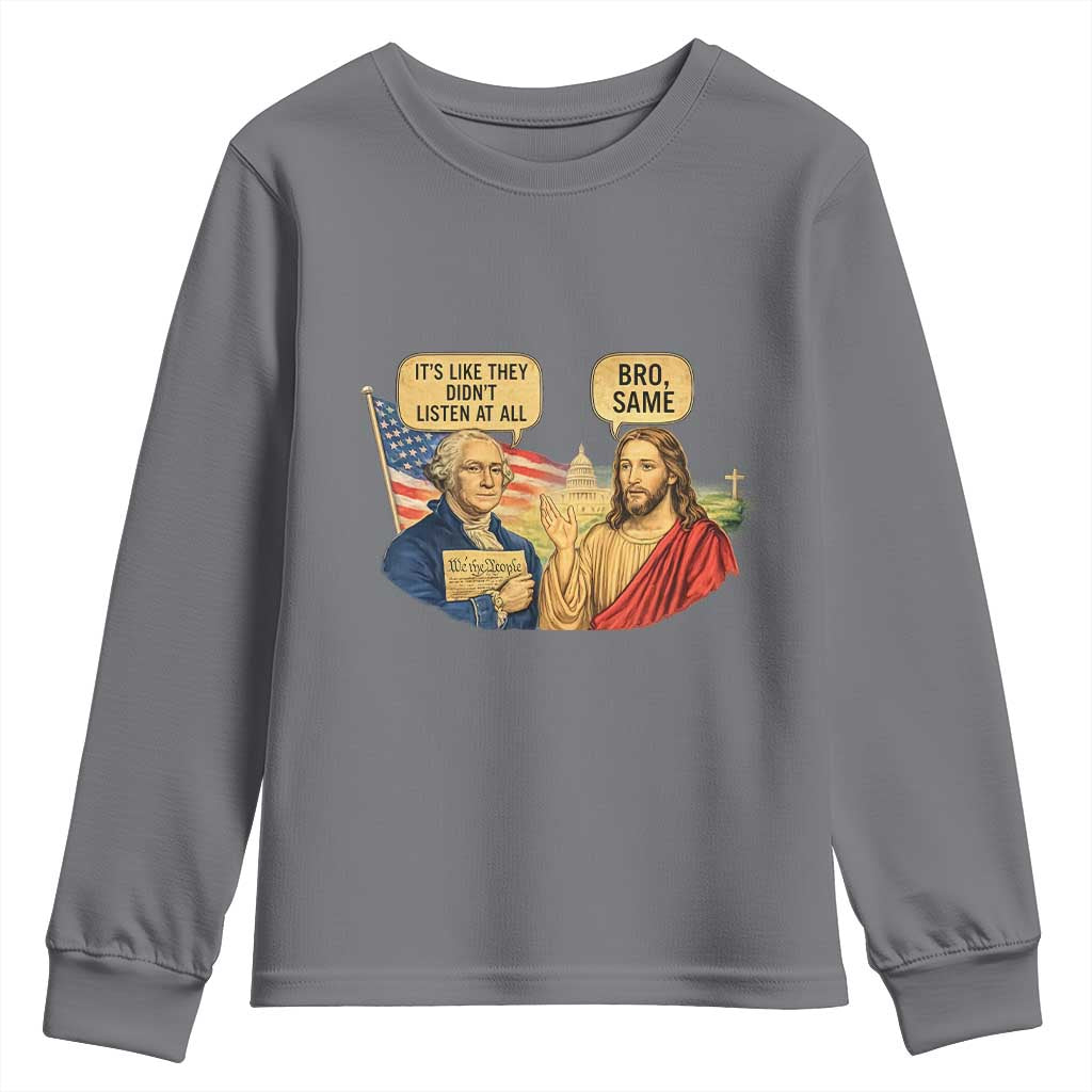 Funny George Washington and Jesus Conversation Youth Sweatshirt Patriotic Commentary Historical Icons
