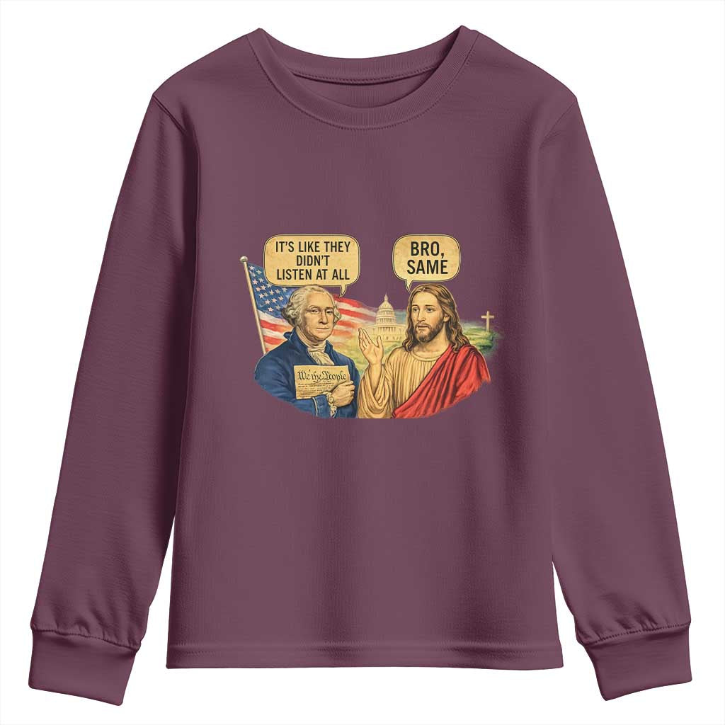 Funny George Washington and Jesus Conversation Youth Sweatshirt Patriotic Commentary Historical Icons